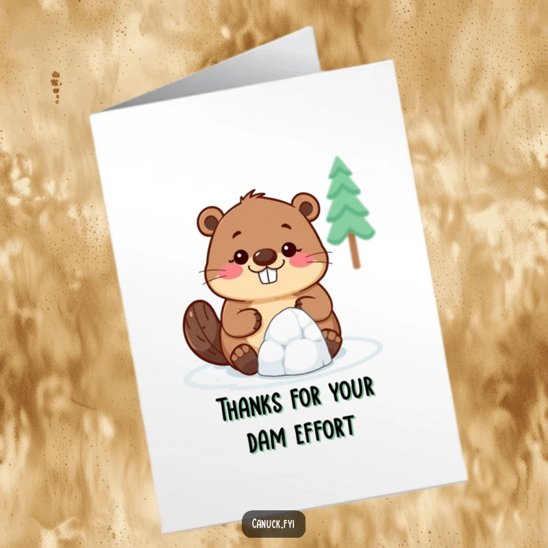 Funny Free Printable Thank You Card: A beaver beams while attempting to construct a tiny, adorable igloo.