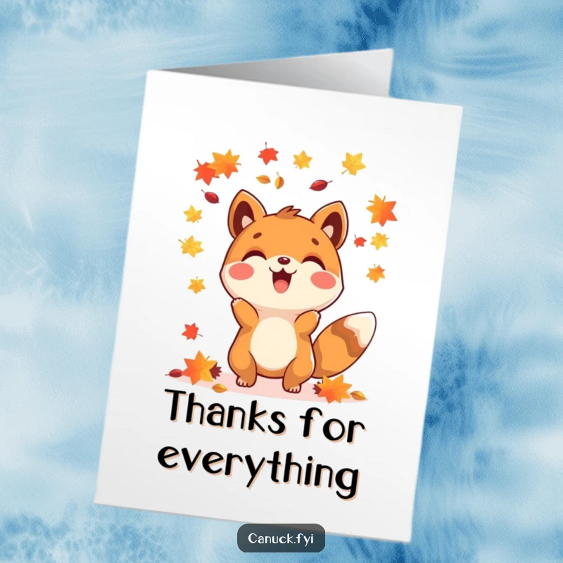 Funny Free Printable Thank You Card: Happy animal character throwing colorful maple seeds, spreading gratitude.