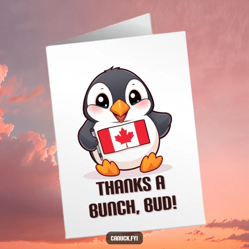 Funny Free Printable Thank You Card: A cute puffin with a Canadian flag, offering a quirky thanks with a smile.