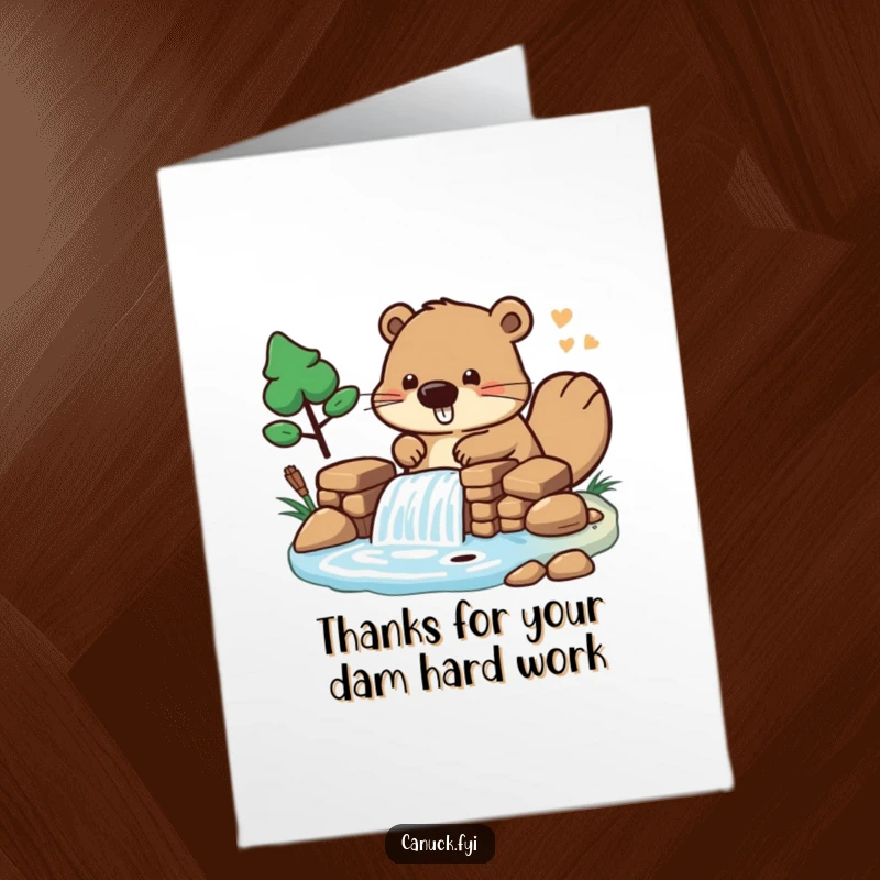 Funny free printable thank you card of a stylized beaver character building a miniature dam, expressing gratitude with industrious charm.