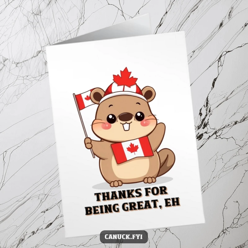 Funny Free Printable Thank You Card: Adorable beaver in maple leaf hat waves Canadian flag, expressing thanks.