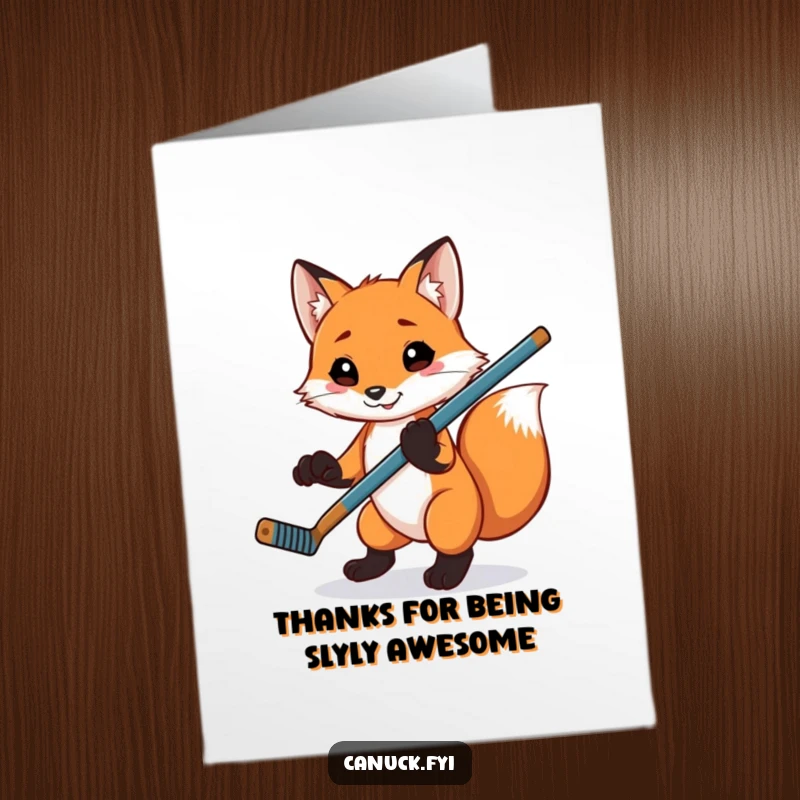 Funny Free Printable Thank You Card: Playful fox balances hockey stick, offering a unique thank you.