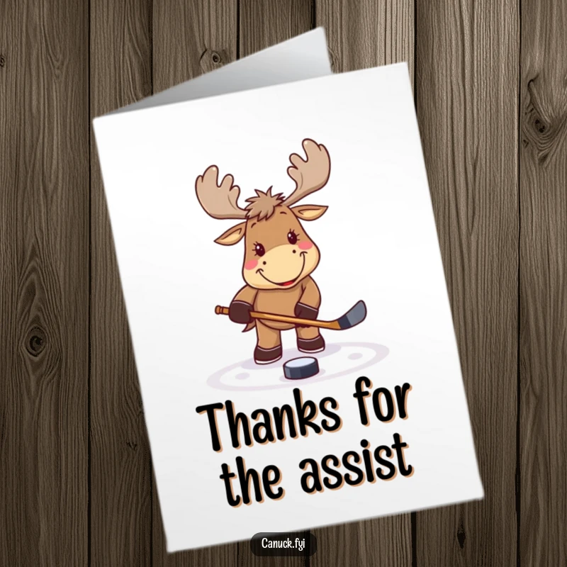 Funny Free Printable Thank You Card: Smiling moose with hockey stick playfully taps puck, expressing thanks.