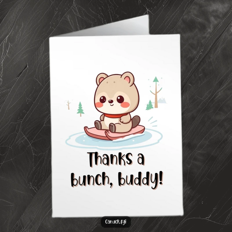 Funny Free Printable Thank You Card: Happy Canadian beaver sliding on ice, giving a thankful nod.