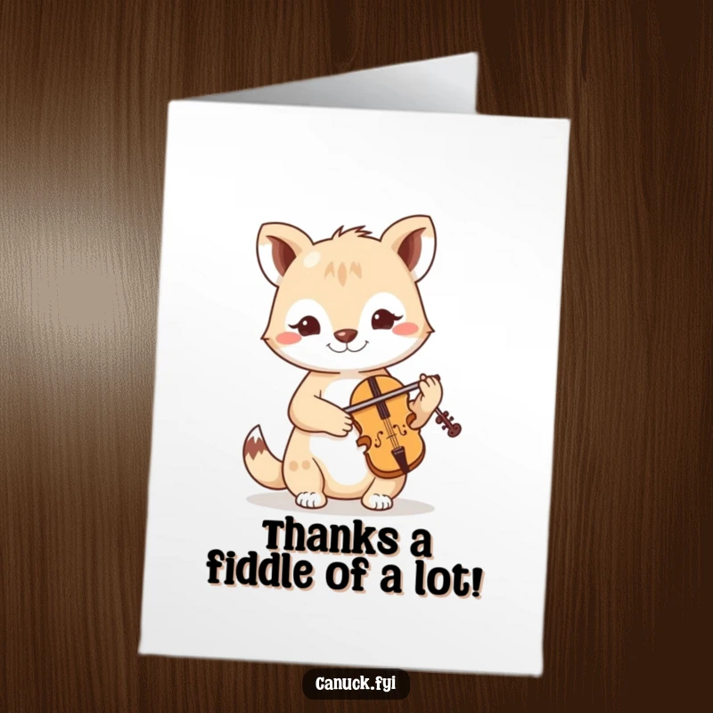 Funny Free Printable Thank You Card: a friendly animal dedicating a tiny fiddle tune to express heartfelt thanks. A downloadable gift.