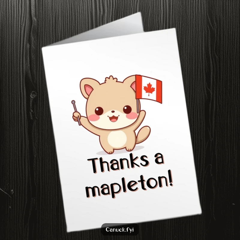 Funny Free Printable Thank You Card of a happy animal character waving a small flag decorated with a prominent maple leaf.