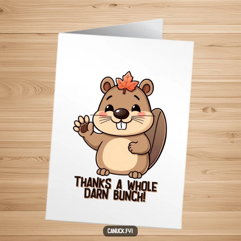 Funny free printable thank you card of a cheerful beaver character with a maple leaf hat, waving cheerfully to express thanks.