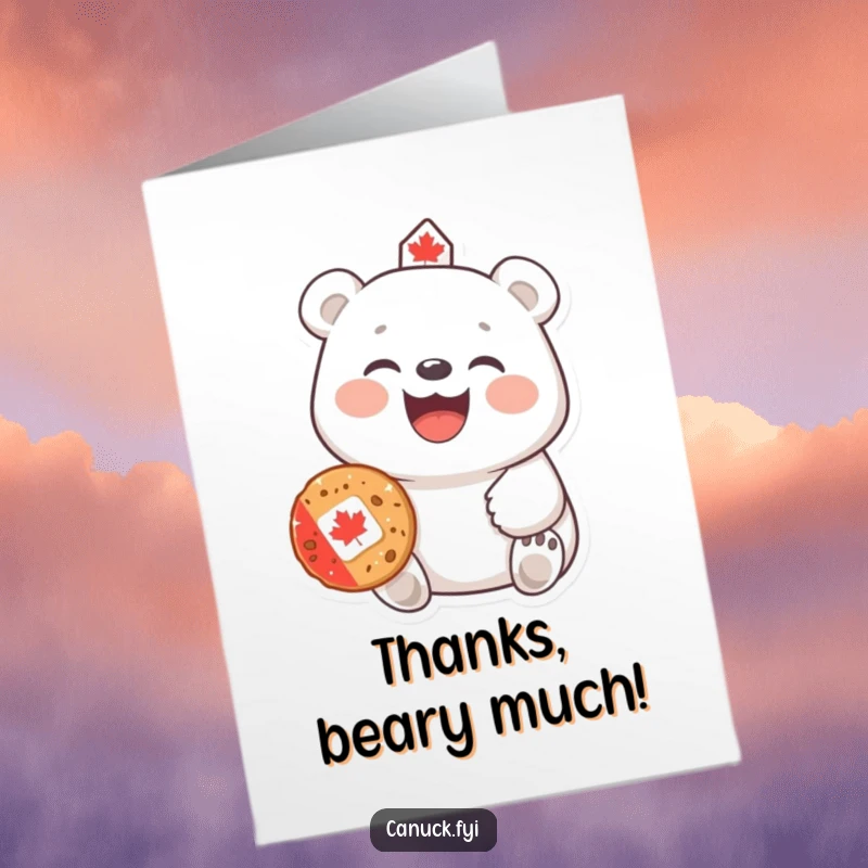 Funny Free Printable Thank You Card: A polar bear happily offers a delicious Canadian cookie as a token of thanks.