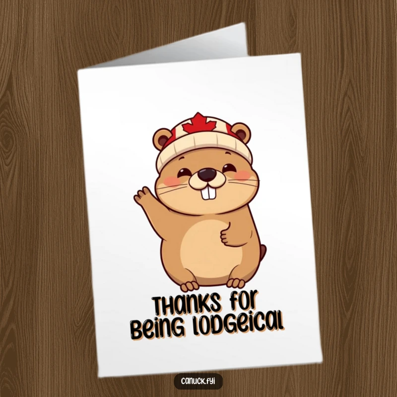 Funny Free Printable Thank You Card: Cheerful beaver in maple leaf beanie waves enthusiastically to say thank you.