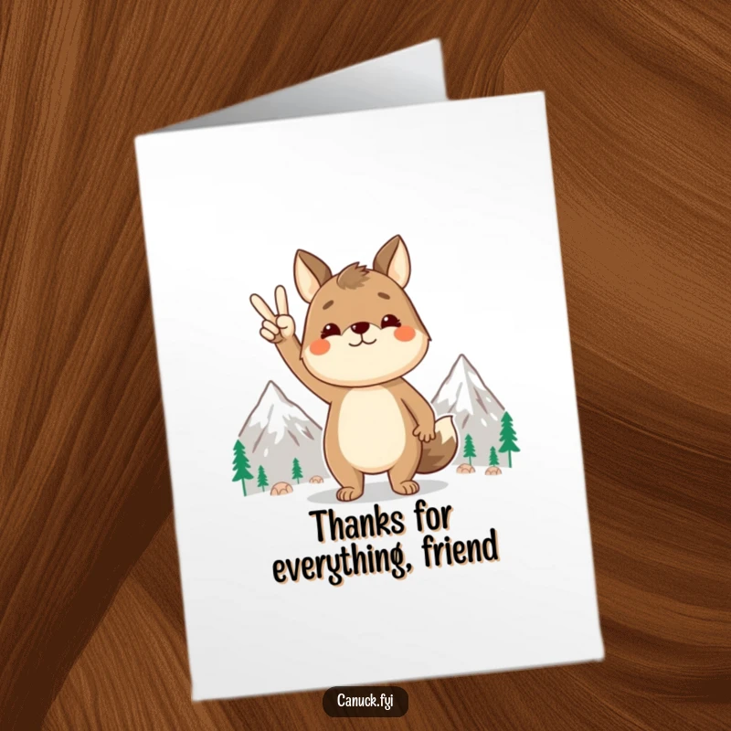 Funny Free Printable Thank You Card: Animal character makes peace sign next to mountains, expressing gratitude.