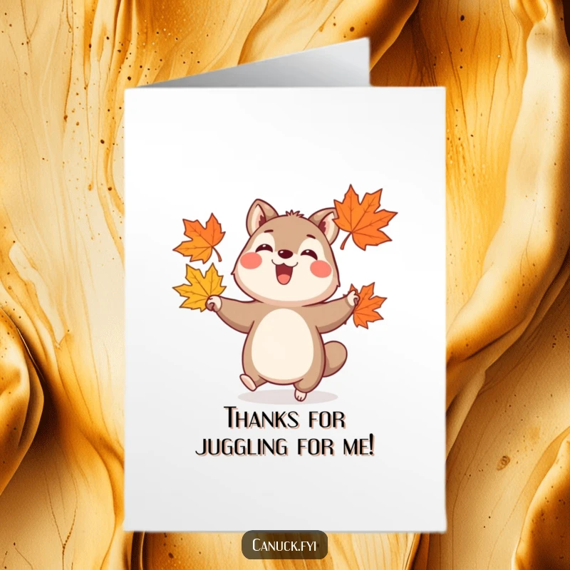 Funny Free Printable Thank You Card: a joyful animal juggling stylized maple leaves, offering a whimsical expression of thanks. A downloadable gift.