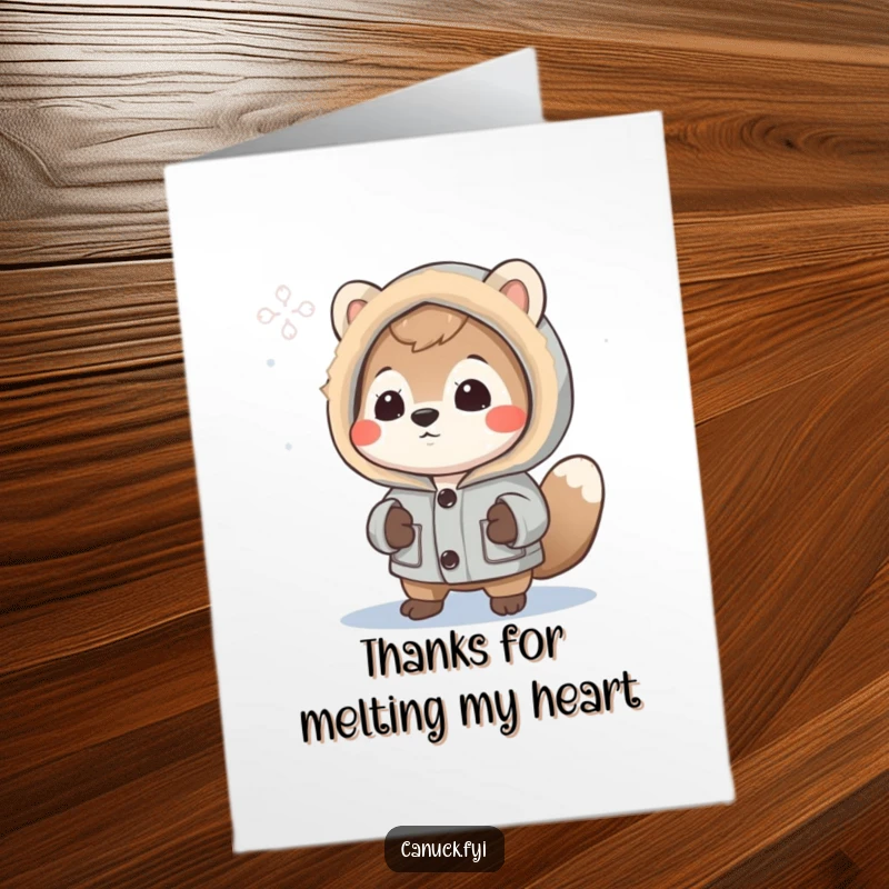 Funny Free Printable Thank You Card: Animal in parka curiously observes a snowflake, a perfect printable gift.