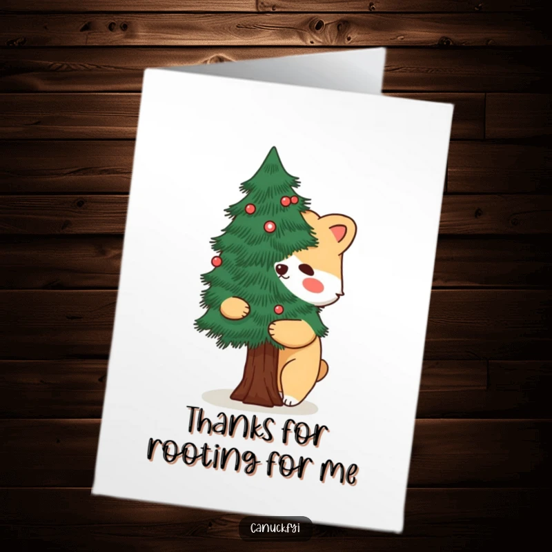 Funny Free Printable Thank You Card showing a cartoon animal hugging a stylized pine tree, conveying genuine gratitude.