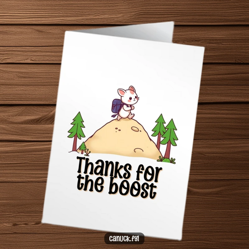 Funny Free Printable Thank You Card showing a backpacker creature looking gratefully towards the viewer after a hike.
