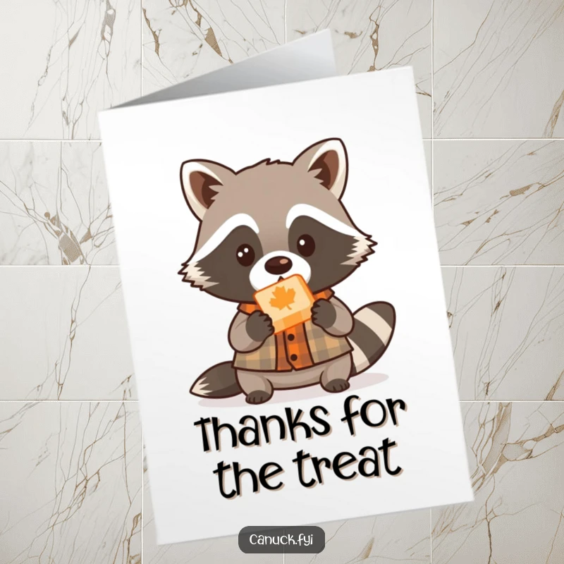 Funny Free Printable Thank You Card: Cute raccoon in a lumberjack shirt offers maple candy, a sweet downloadable gift.