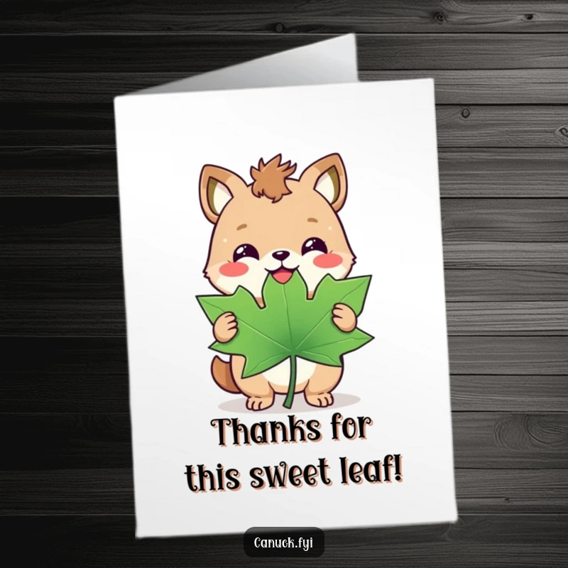 Funny Free Printable Thank You Card: A happy animal smirks victoriously while clutching a giant maple leaf, a fun way to say thanks.