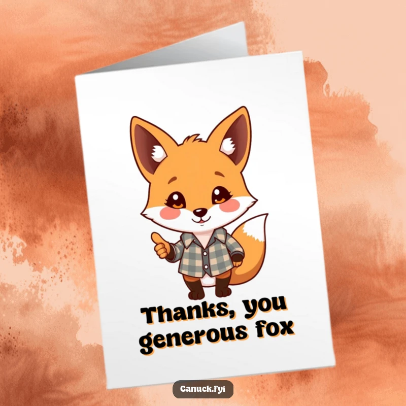 Funny Free Printable thank you card featuring a playful fox in a plaid shirt, offering a polite and friendly nod.