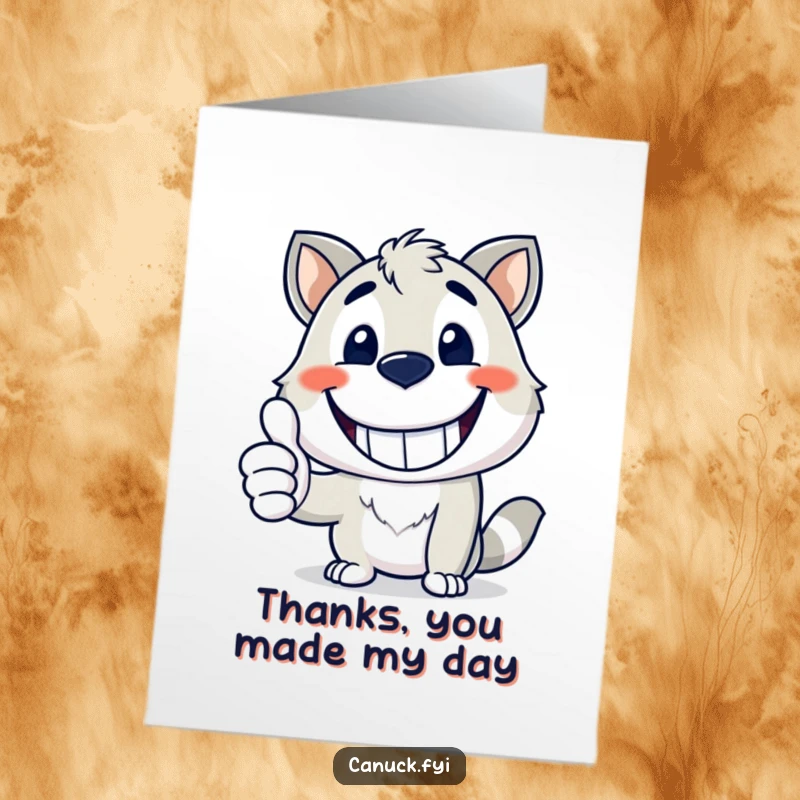 Funny Free Printable thank you card featuring a happy animal mascot with a big grin offering a positive thumbs up.