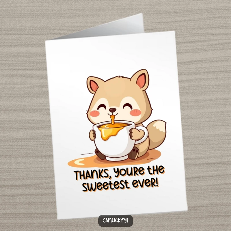 Funny Free Printable Thank You Card: A stylized animal offers a cup of steaming maple syrup, conveying warm and sweet thanks.
