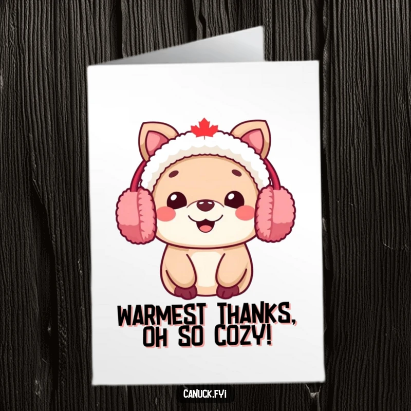 Funny free printable thank you card: A Canadian animal character wearing soft, fuzzy earmuffs and giving a genuinely warm, welcoming smile.