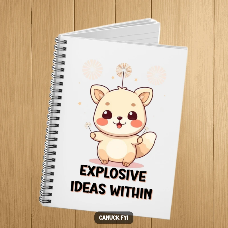Funny notebook with a cheerful animal character celebrating with small fireworks. Ideal for planning events and jotting down celebratory ideas.