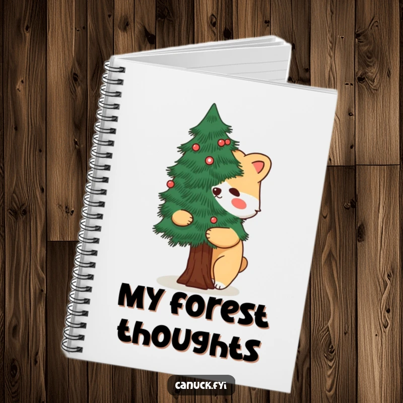 Funny notebook designed with a cartoon animal hugging a stylized pine tree, ideal for nature notes and creative writing.