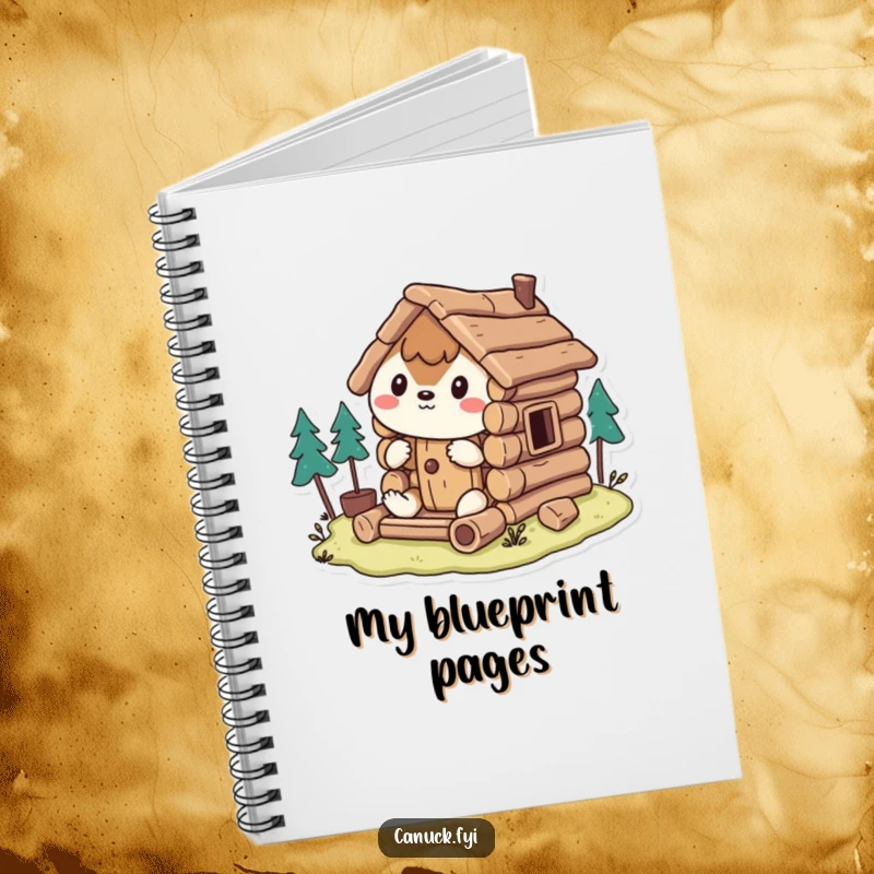 Funny Notebook: Stylized animal humorously works on a miniature log cabin, ready to capture your notes and doodles.