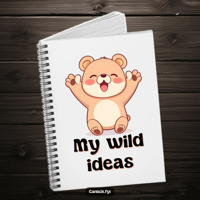 Funny notebook with a happy bear character enthusiastically cheering with both paws up, for writing funny gift.