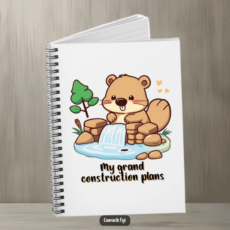 Funny Notebook featuring a beaver character building a miniature dam, perfect for jotting down plans and ideas.