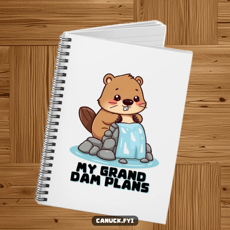 Funny notebook cover with a stylized beaver character playfully constructing a miniature dam, ideal for notes and sketches.
