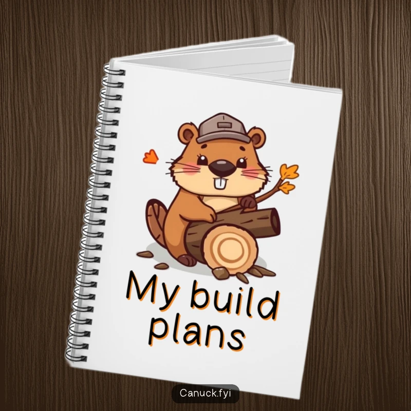 Funny cute beaver notebook, wearing a lumberjack hat, enthusiastically chopping a stylized maple log. Ideal for journaling and planning.