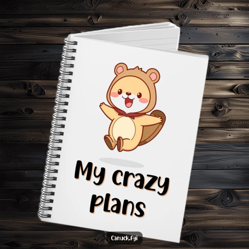 Funny animal notebook with a character in a beaver tail costume, depicted in an excited, hopping stance for note-taking.