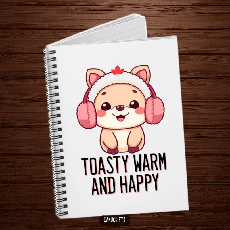 Funny Canadian animal character notebook cover, wearing fuzzy earmuffs and smiling warmly, for jotting notes.