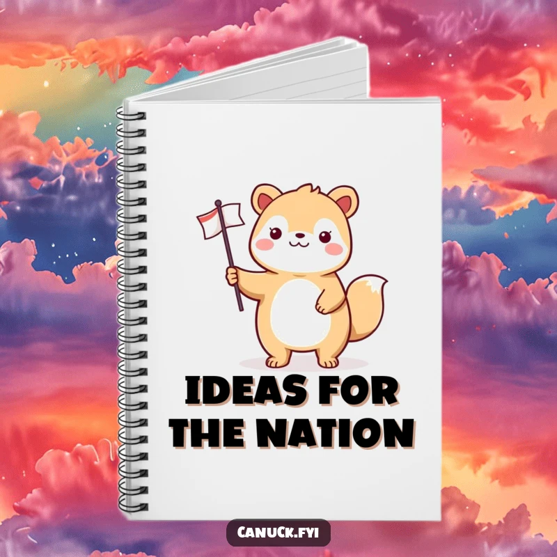 Funny animal notebook with a cheerful character proudly standing and holding a small flag, perfect for writing and planning.
