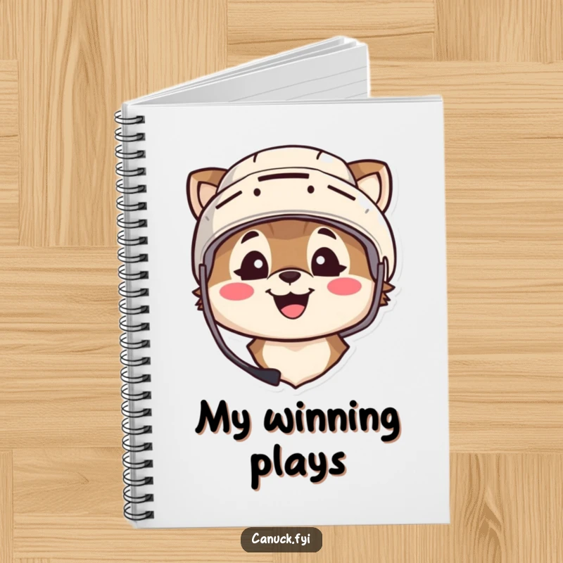 Funny notebook cover with an animal character wearing a hockey helmet and smiling broadly, inspiring fan notes.