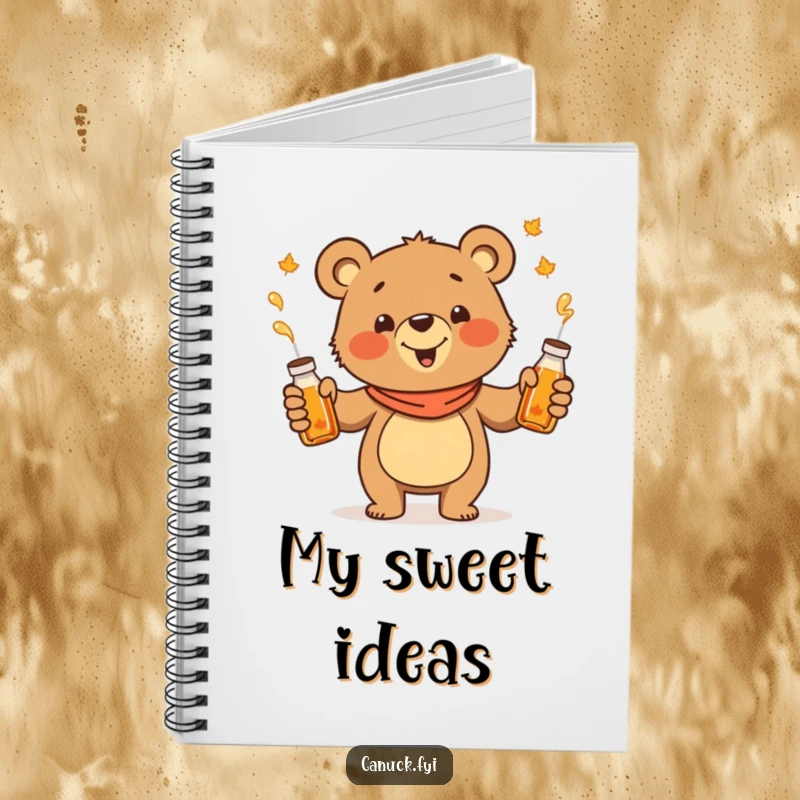 Funny juggling bear notebook, cheerful cartoon bear juggling maple syrup bottles, for writing.