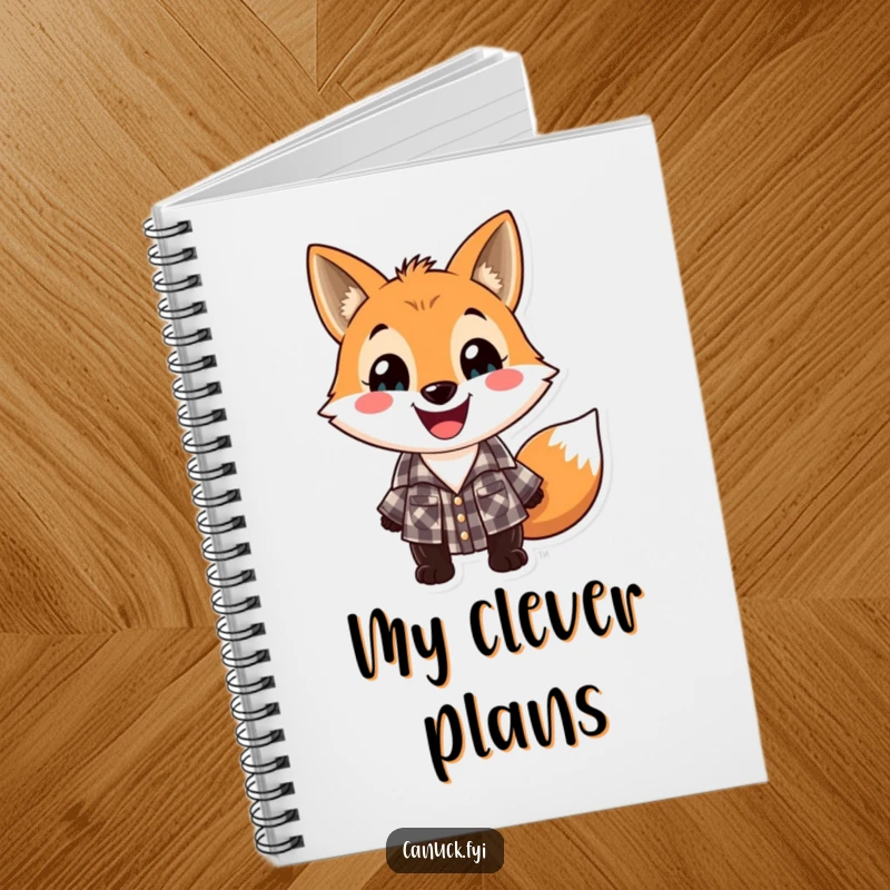 Funny lumberjack fox notebook, playful fox in checkered lumberjack shirt with a wide grin, for writing.