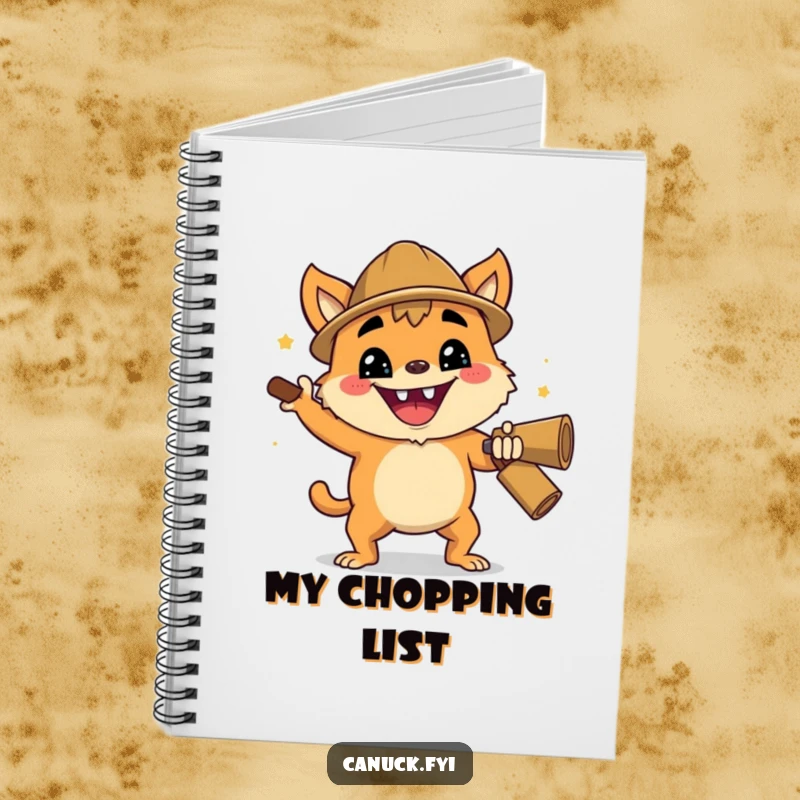 Funny notebook cover with a creature with an enthusiastic grin performing a cheerful lumberjack chop, inspiring action.