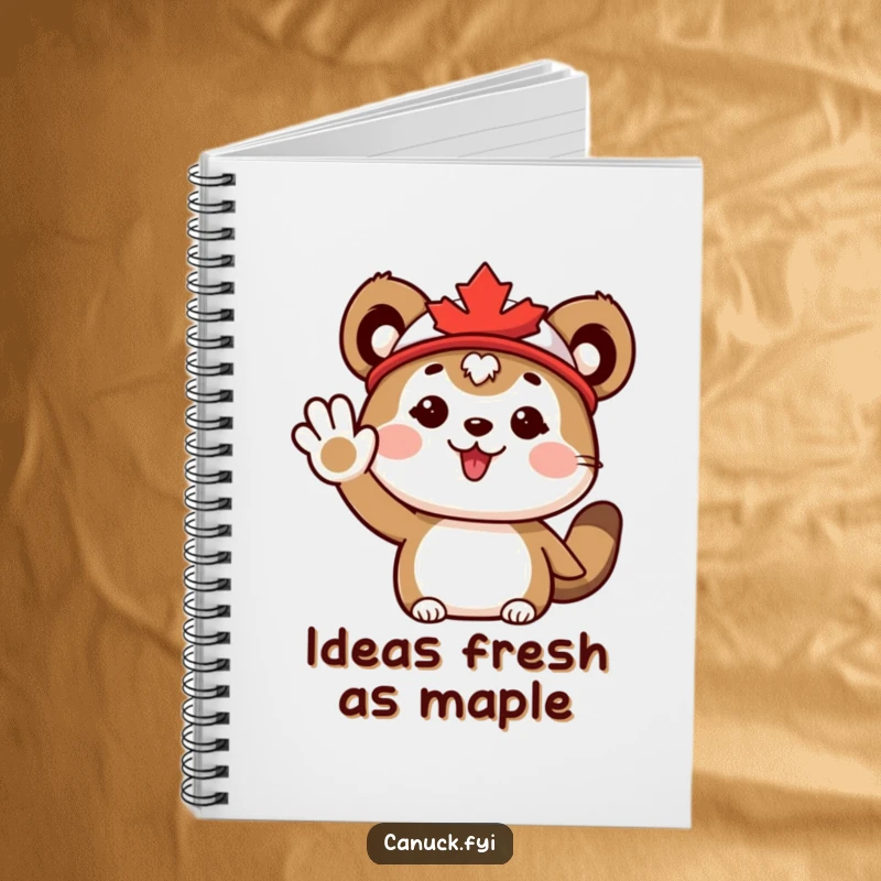 Funny Notebook: Cute animal wearing a maple leaf hat, waving enthusiastically, perfect for notes and cheerful journaling.