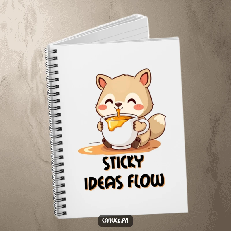 Funny stylized animal notebook offering a cup of steaming maple syrup, perfect for jotting down sweet thoughts and ideas.