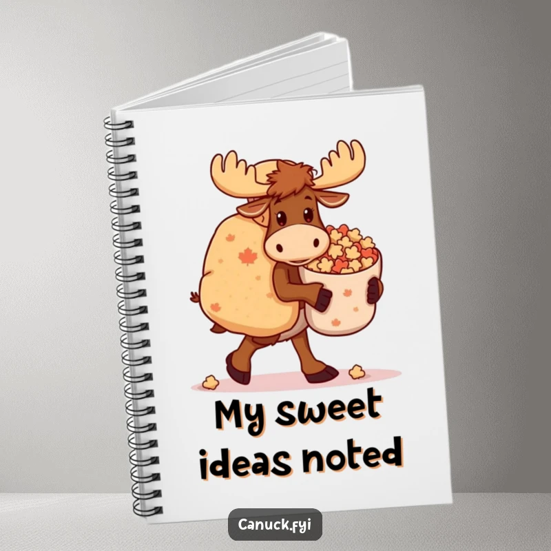 Funny Moose Notebook: A clumsy moose carries a large bag of maple candies, ideal for capturing ideas and notes with humor.