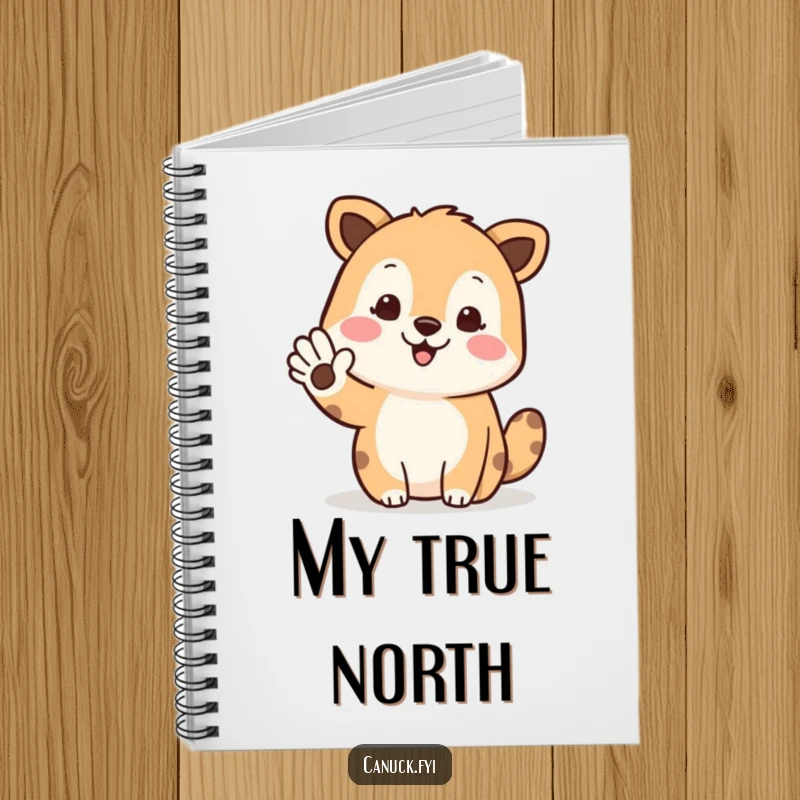 Funny notebook designed with a waving animal pointing north, ideal for jotting down notes with a humorous twist.