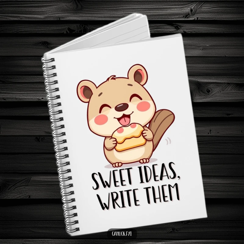 Funny notebook with a grinning animal character politely presenting a beaver tail pastry, perfect for jotting down sweet thoughts.