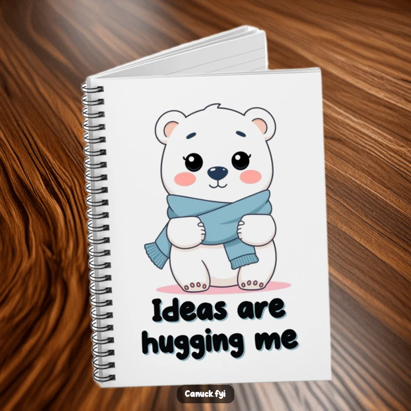 Funny notebook cover with a polar bear wearing a scarf, extending its arms for a welcoming hug.