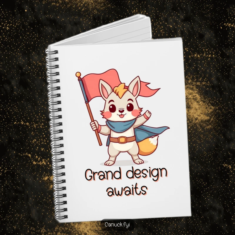 Funny notebook with a proud animal character in a heroic pose holding a flag, for planning funny gift.