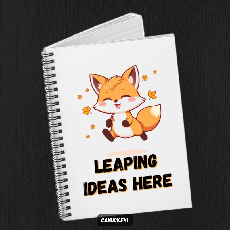 Funny Fox Notebook featuring a playful fox doing a joyful leap, decorated with tiny maple leaves, perfect for journaling with nature's charm.