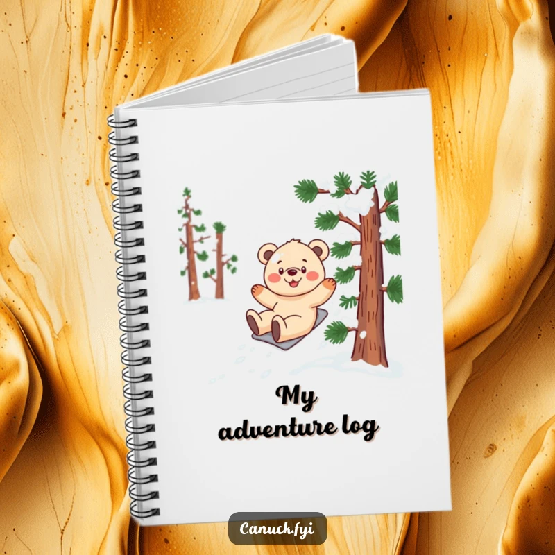 Funny bear cub notebook cover: a smiling cub gleefully sliding down a snow-covered pine tree.