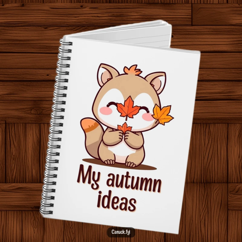 Funny notebook cover with an animal character proudly holding a miniature maple leaf, inspiring Canadian thoughts.