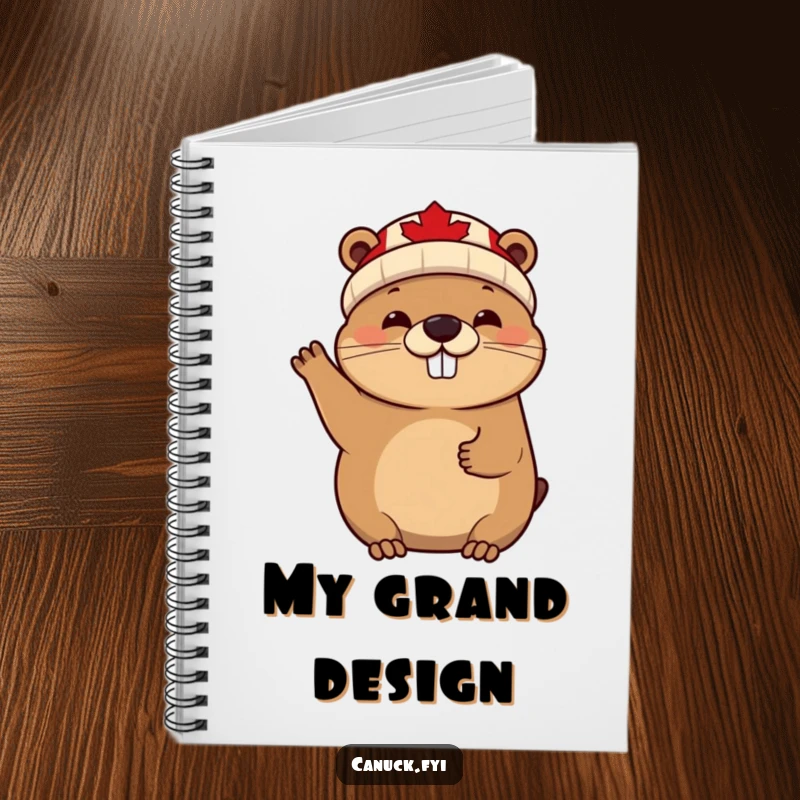 Funny cheerful beaver notebook, maple leaf beanie, waving enthusiastically, a humorous and functional item for notes.