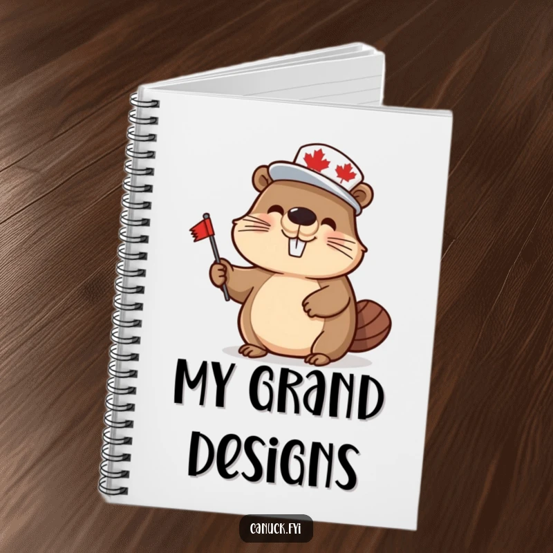 Funny beaver notebook, wearing a maple leaf hat and waving a flag, perfect for jotting down ideas with Canadian flair.
